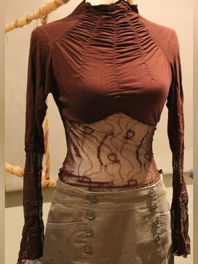 Brown Lace-Panel Long-Sleeve Women's Top